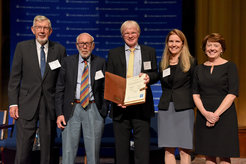 Max Planck Vice President Ferdi Schüth (center) with Graham Michael Purdy (Columbia University), James Simons (Simons Foundation), Maya Tolstoy (Columbia University) and Mary C. Boyce (Columbia University) at the inauguration ceremony