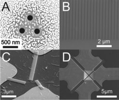 Abbildung 1: Beispiele für die Nanostrukturierung mit FIB (A) Löchern mit 180 nm Durchmesser in einer Siliziumnitridmembran zur Verwendung bei elektrophysiologischen Messungen von Membranproteinen. (B) optisches Gitter zur Verbesserung der Kopplung von Laserlicht in einen Hohlleiter (C) Teil einer Elektrodenanordnung zur Vierpunktsondenprüfung von leitfähigen Polymerkolloiden (D) elektrische Kontaktierung von einzelnen Nanofasern zur elektrischen Charakterisierung.