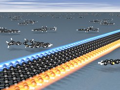 Illustration of a graphene nanoribbon with zigzag edges and the precursor molecules used for its production. Electrons at the two zigzag edges have opposite directions of rotation ("spin") - "spin-up" at the bottom (red) or "spin-down" at the top (blue).