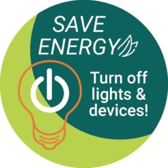 Der Aufkleber, der im Institut verteilt wird, soll daran erinnern, durch Abschalten von Licht und nicht benötigten Gerätschaften den Energieverbrauch im Institut zu verringern.