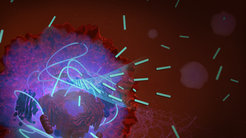 Artistic illustration of a new method of cancer therapy: due to the conditions in a cancer cell, molecules - drawn here in light green - can join together to form long hairs. These then stop the conversion of oxygen into energy, which the cell needs to grow. The result: the cancer cell dies.
