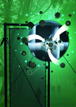 The metal grid coated with titanium oxide collects and purifies water from mist.